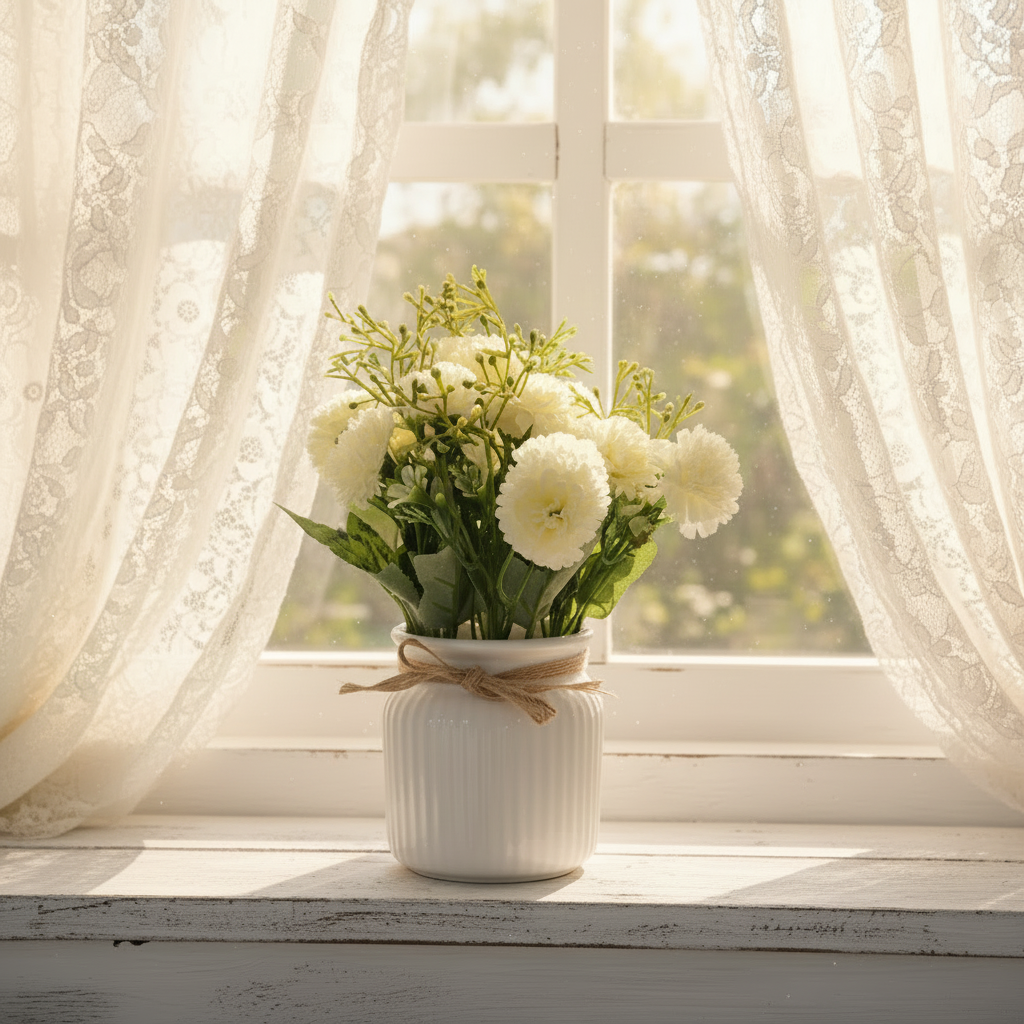 White vase with flowers on a windowsill with lace curtains