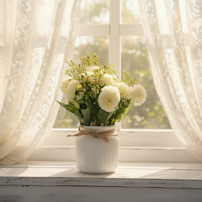 White vase with flowers on a windowsill with lace curtains