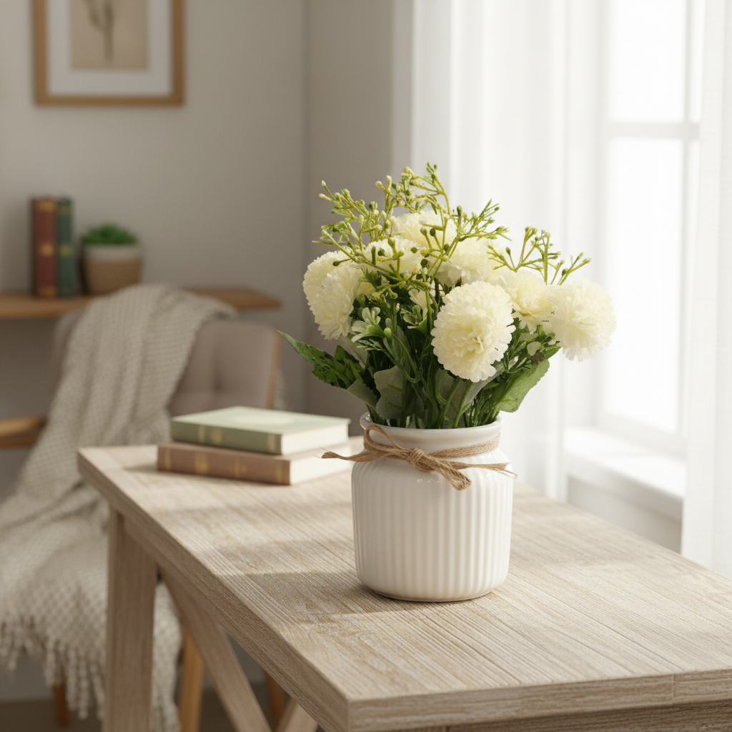 White flowers in a vase on a wooden table with a blurred background