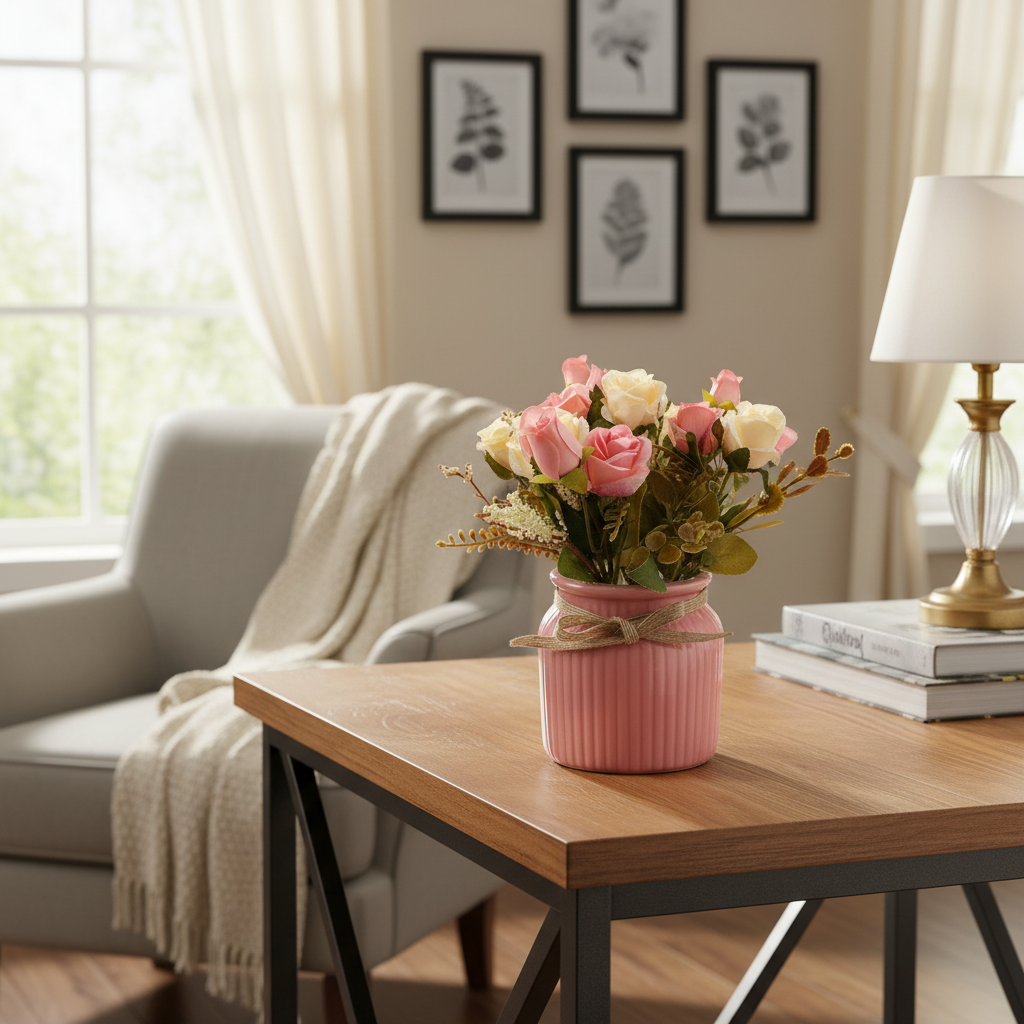 Pink vase with flowers on a wooden table in a living room setting