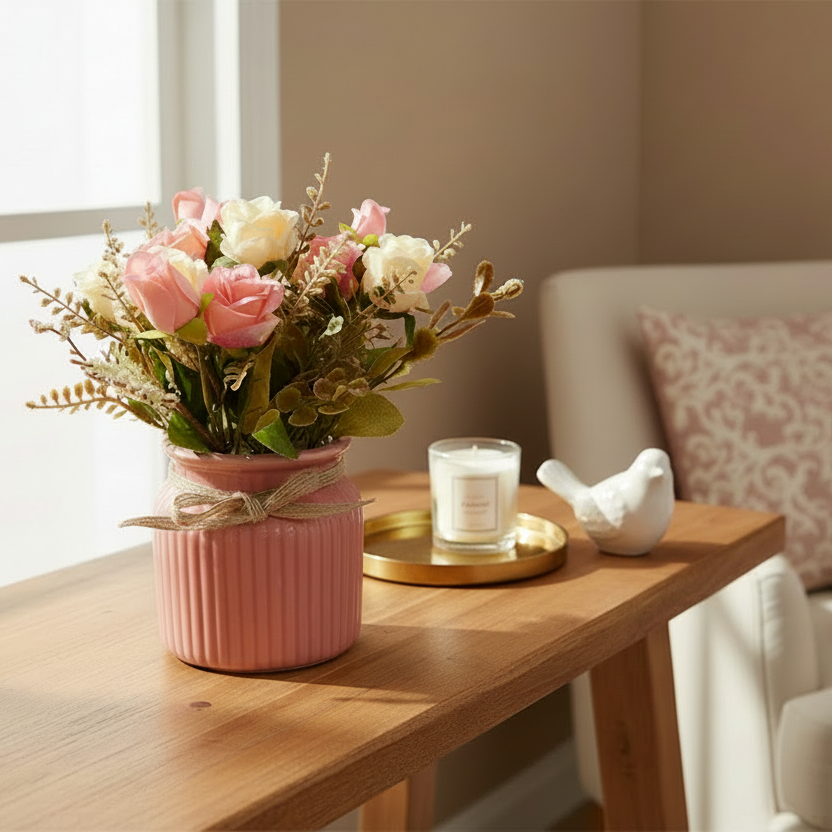 Decorative setup with flowers, candle, and bird figurine on a wooden table in a cozy living room.