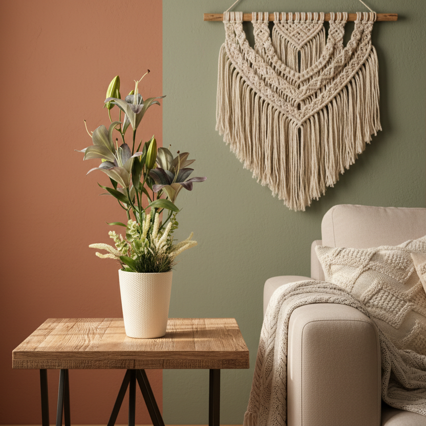 Living room with a plant on a wooden table, a beige sofa, and a macrame wall hanging.