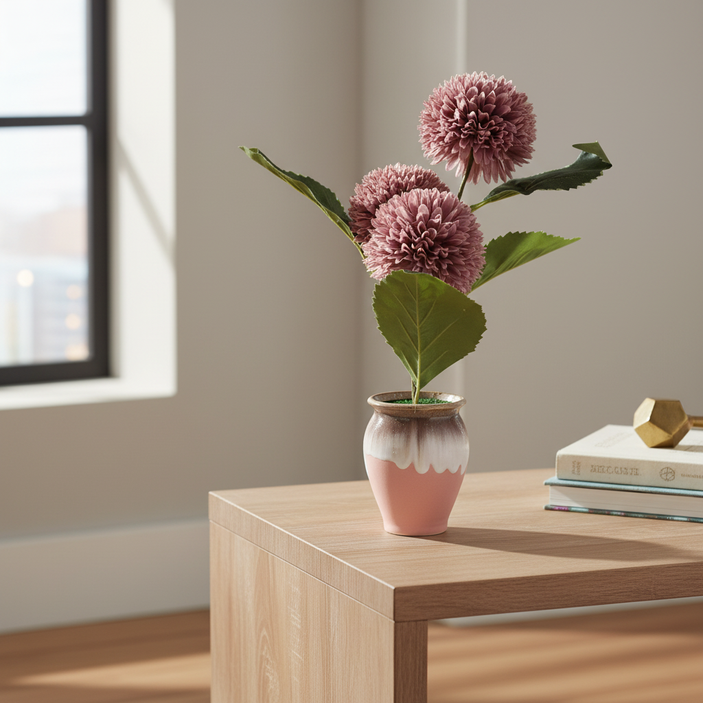 Pink vase with flowers on a wooden table near a window