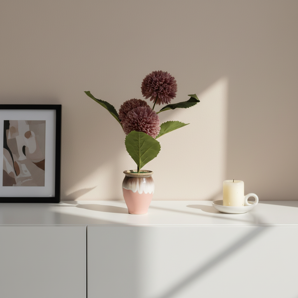 Vase with purple flowers and a candle on a white surface against a beige wall.