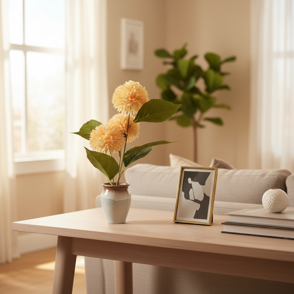 Decorative table with flowers, a vase, and a framed picture in a living room.