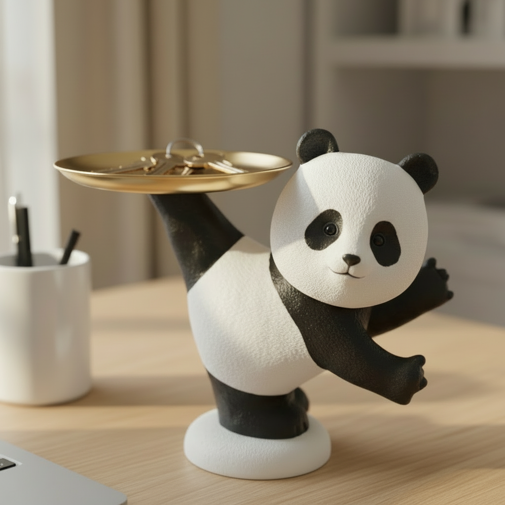 Panda figurine with a tray on a desk
