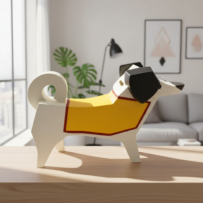 Dog-shaped object with a yellow blanket draped over it on a wooden surface.