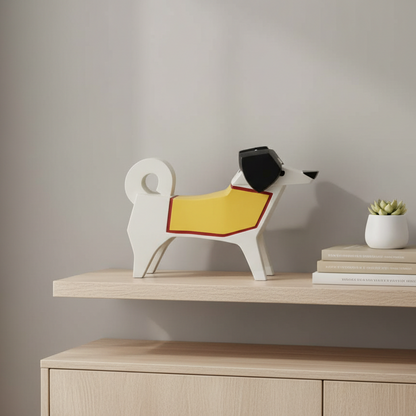 Dog-shaped stool with a yellow blanket on a gray surface
