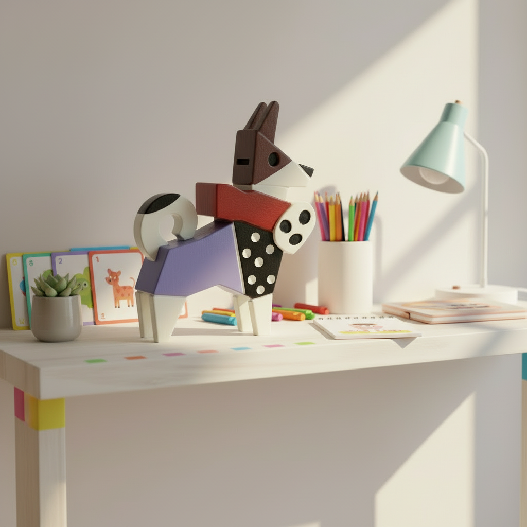Colorful dog-shaped object on a desk with stationery items and a lamp.