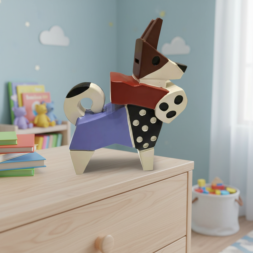 Colorful dog-shaped object on a wooden surface with a neutral background