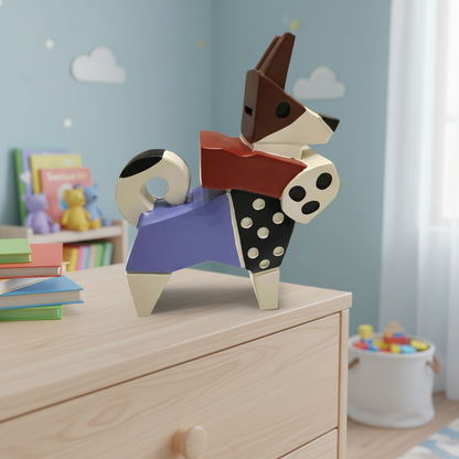 Colorful dog-shaped object on a wooden surface with a neutral background