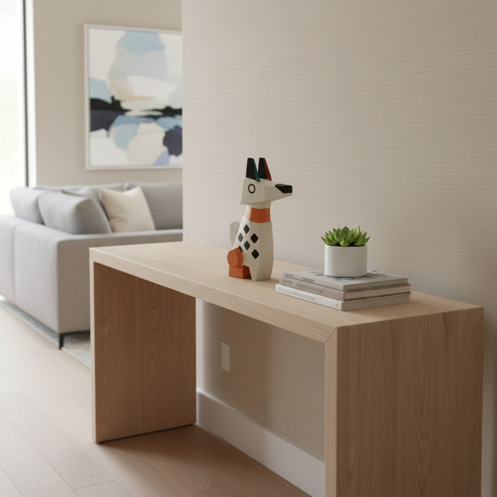 Wooden console table with decorative items in a living room setting