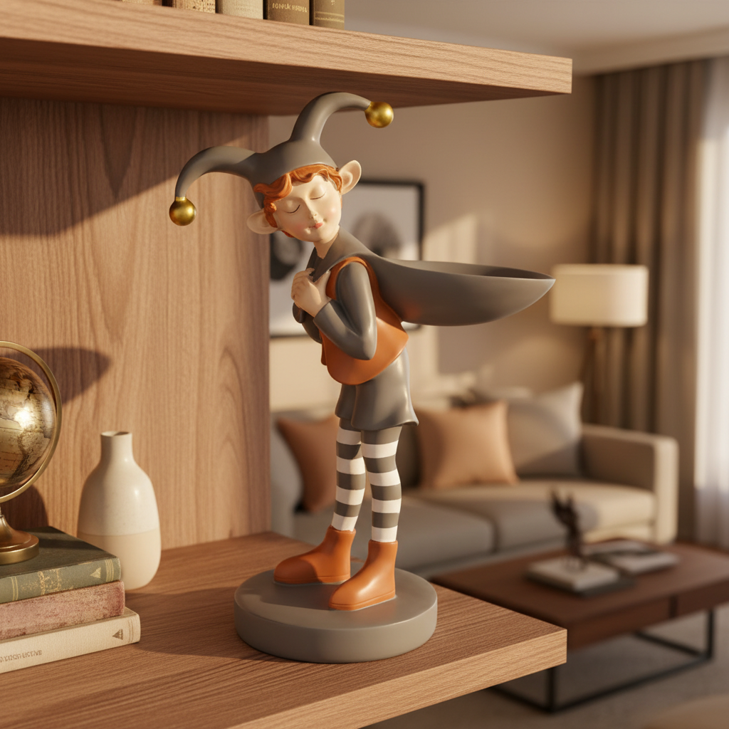 Decorative figurine of a jester on a wooden shelf in a living room setting.