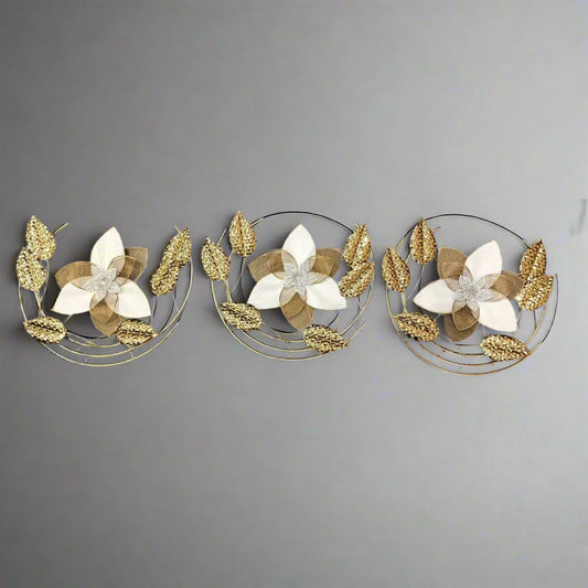 Trio of Golden Elegance Floral Wall Art - Textured Metal Bloom Decor
