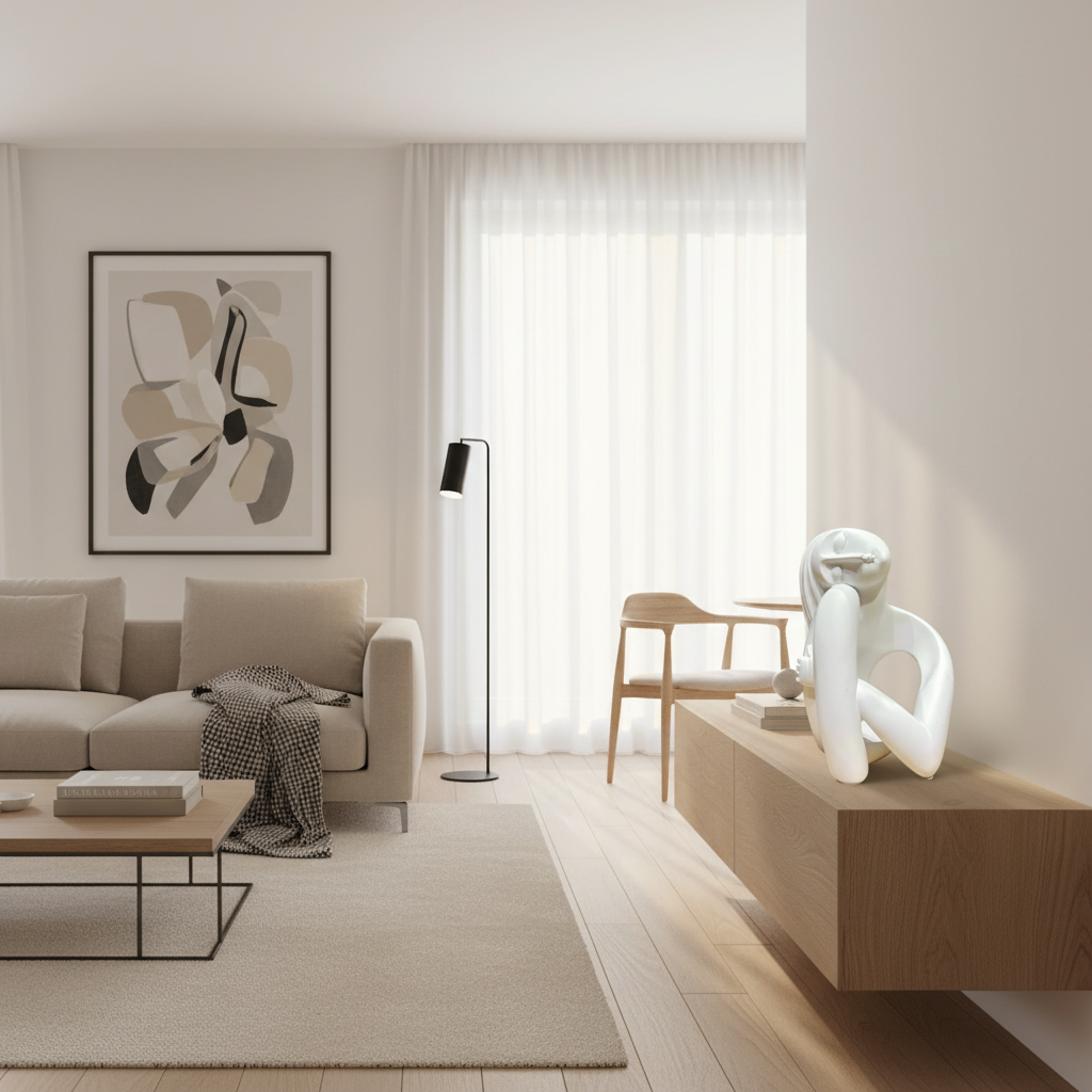Modern living room with neutral tones, a sofa, coffee table, and abstract art.