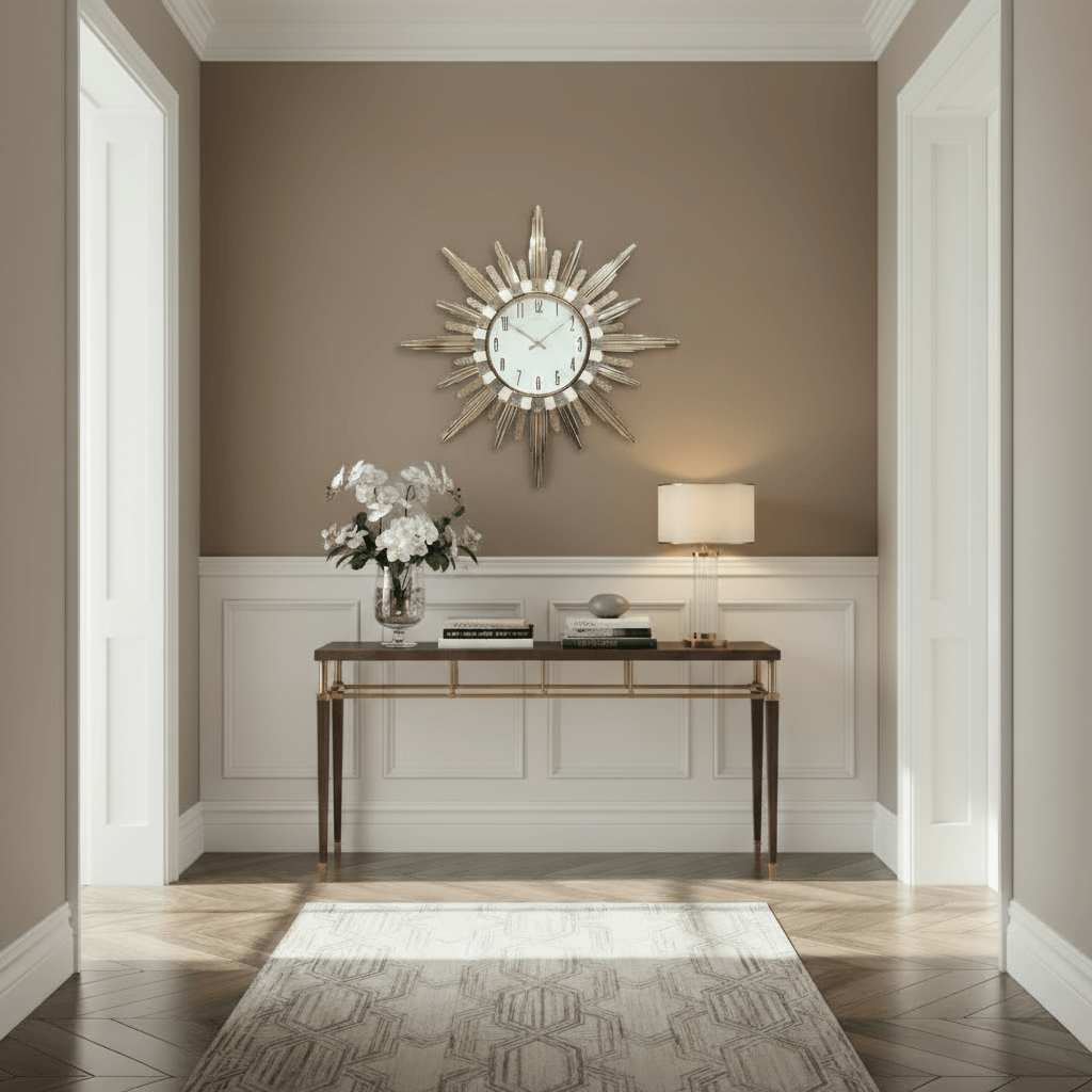 Decorative wall clock with gold sunburst design on a white background