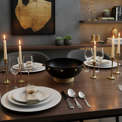 Modern Contrast: Black Metal Bowl with Gold Accents & Wood Base