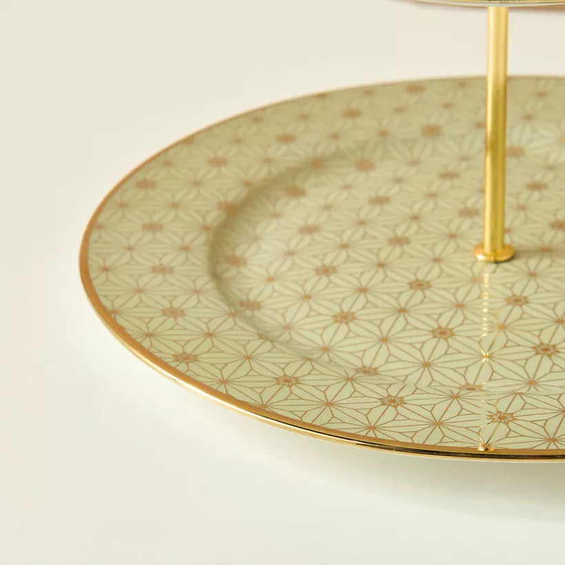 Art Deco Gold Geometric 2-Tier Cupcake Stand – Elegant Porcelain Dessert Server with Modern Appeal