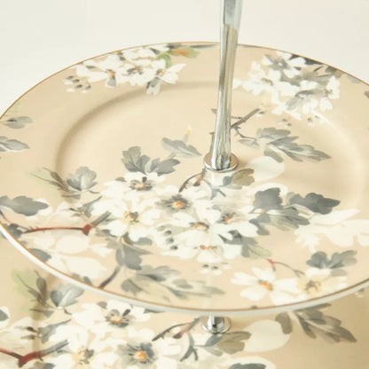 Elegant Two-Tiered Floral Cupcake Stand – Porcelain Dessert Server with Silver Accents for Afternoon Tea