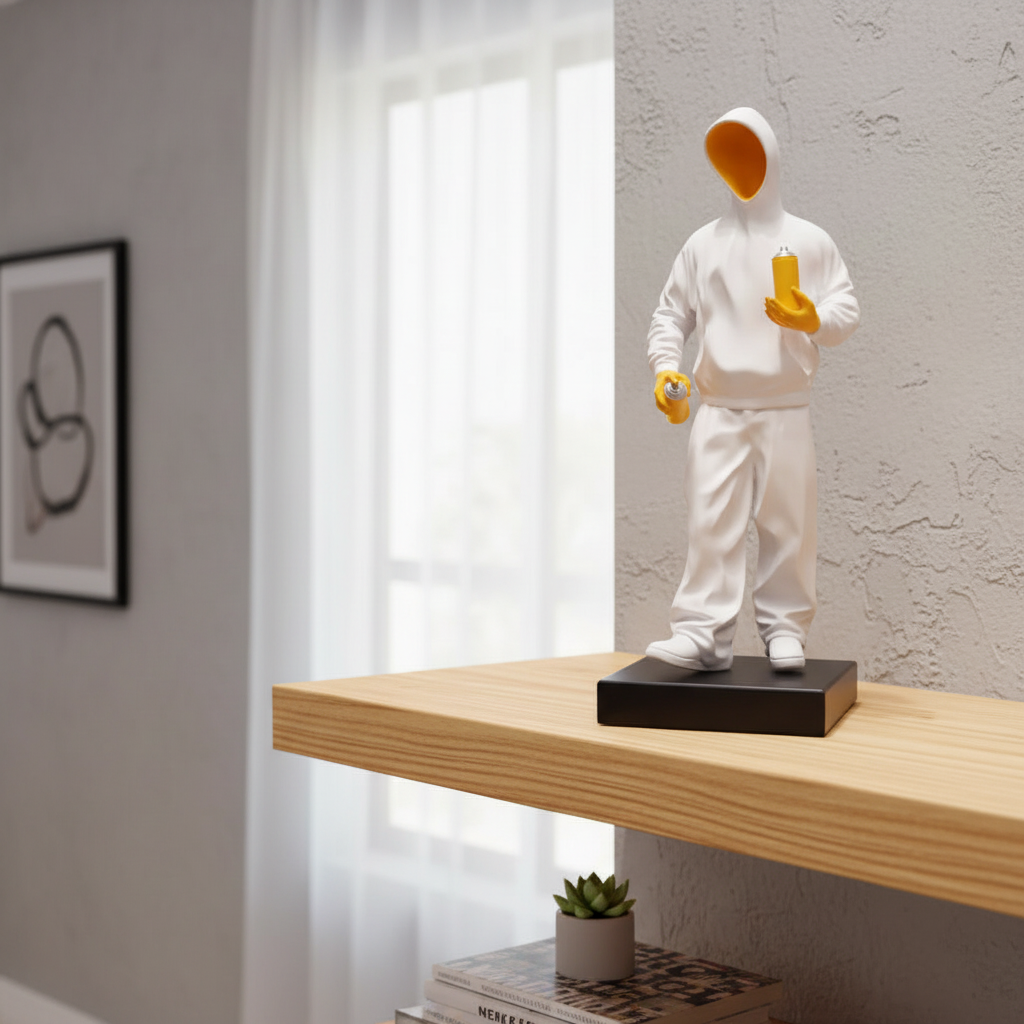 Mannequin wearing a white outfit with a black base on a wooden shelf.