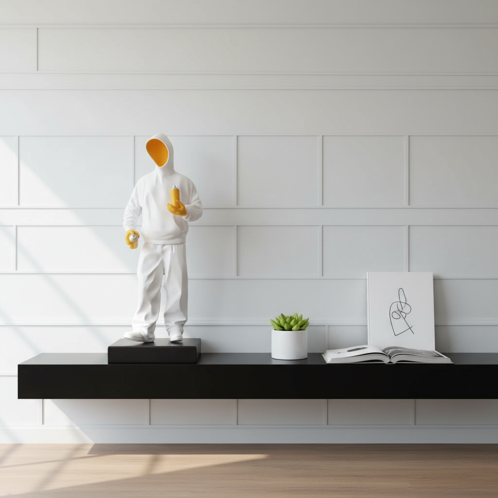 Modern interior with a black shelf holding a white sculpture, plant, and book against a white paneled wall.