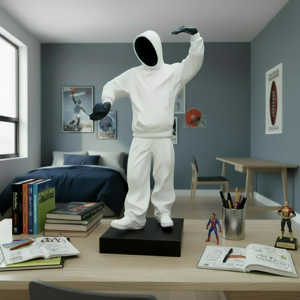 Statue of a figure in a white suit on a desk in a room with books and a bed.