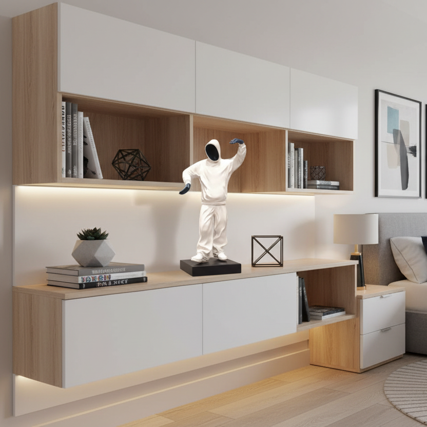 Modern bedroom with a bed, shelves, and decorative items.