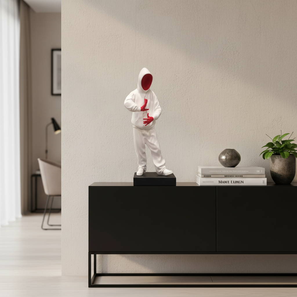 Statue of a person in a white outfit with red gloves on a black cabinet in a modern interior setting.