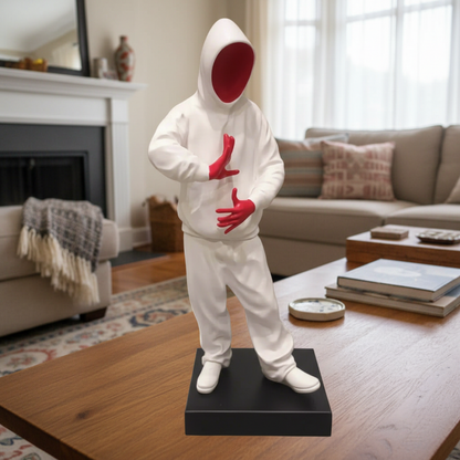White hooded figure with red face and gloves on a black stand in a living room setting.