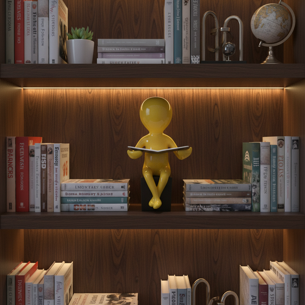 Yellow sculpture of a person reading a book on a wooden shelf with books and decorative items.