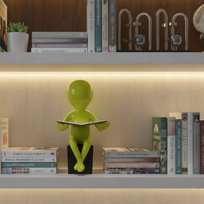 Green figurine reading a book on a shelf with books and decor items.