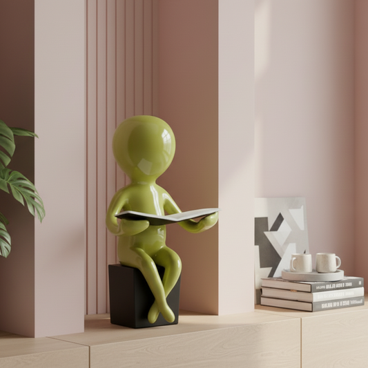 Green ceramic figure reading a book on a shelf with a plant and decorative items in the background.