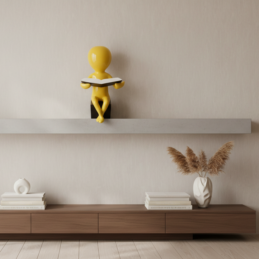 Modern interior with a wooden shelf and decorative items against a beige wall.