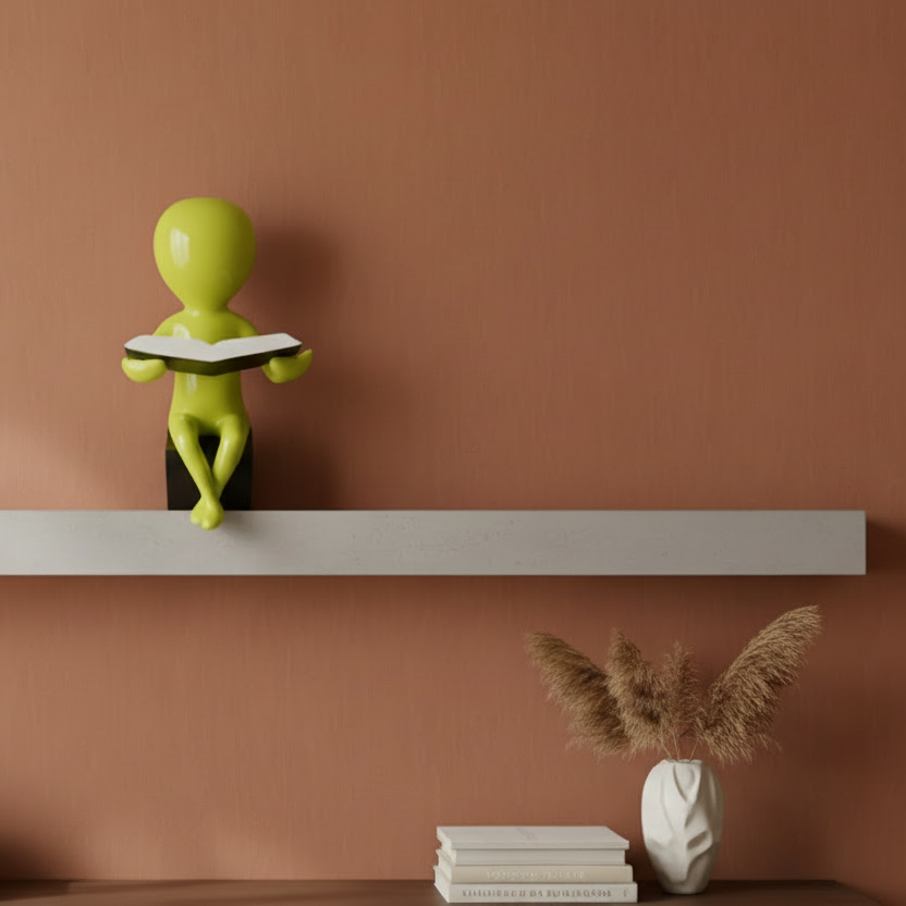 Green figurine holding a book on a white shelf against a brown wall
