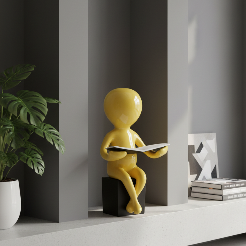 Yellow abstract sculpture holding a white plate on a white background