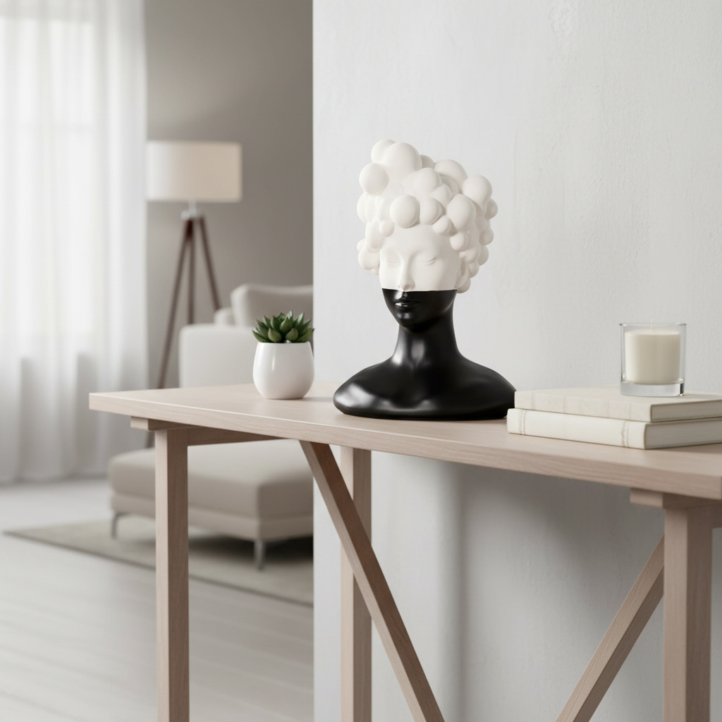 Decorative table with a black and white sculpture, small plant, and books in a modern living room.