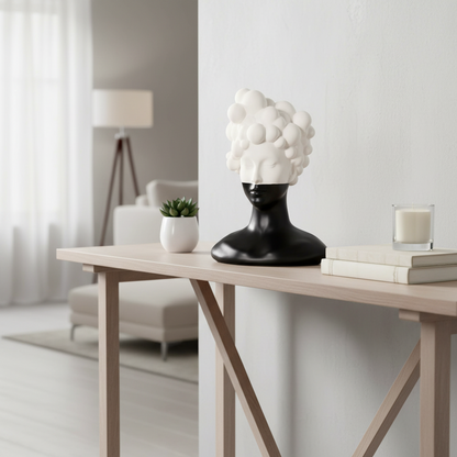 Decorative table with a black and white sculpture, small plant, and books in a modern living room.