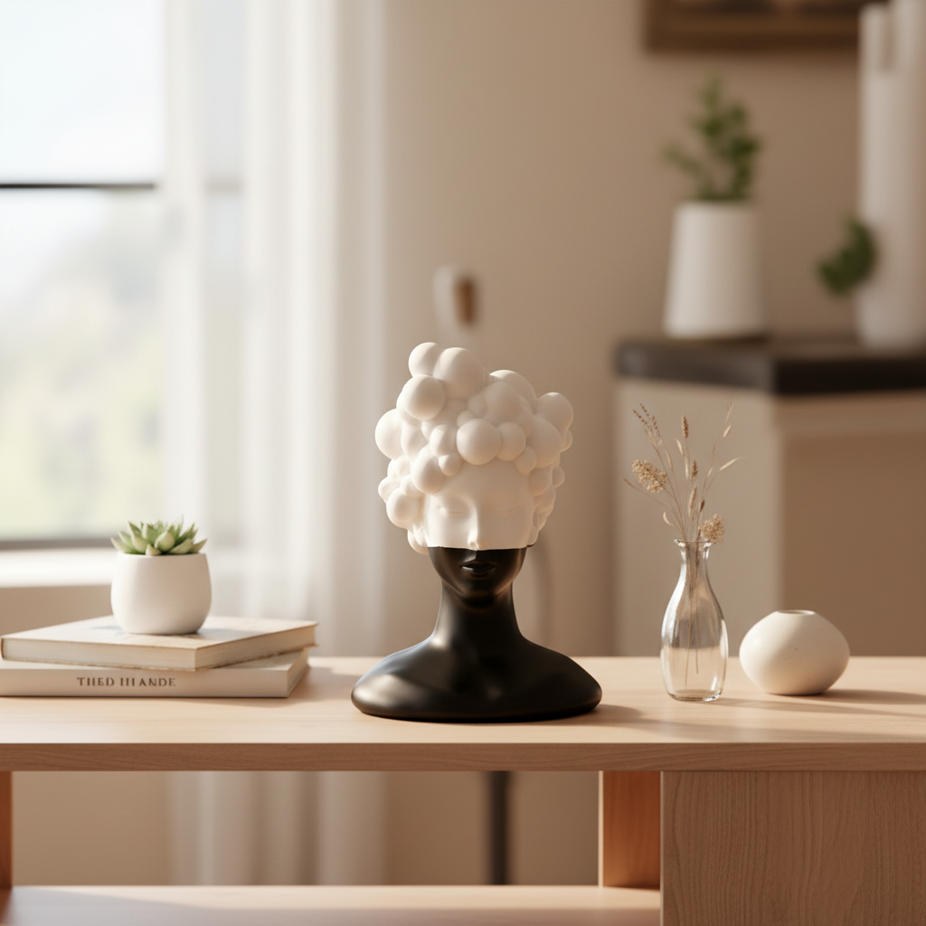 Decorative white sculpture on a wooden surface with a blurred indoor background