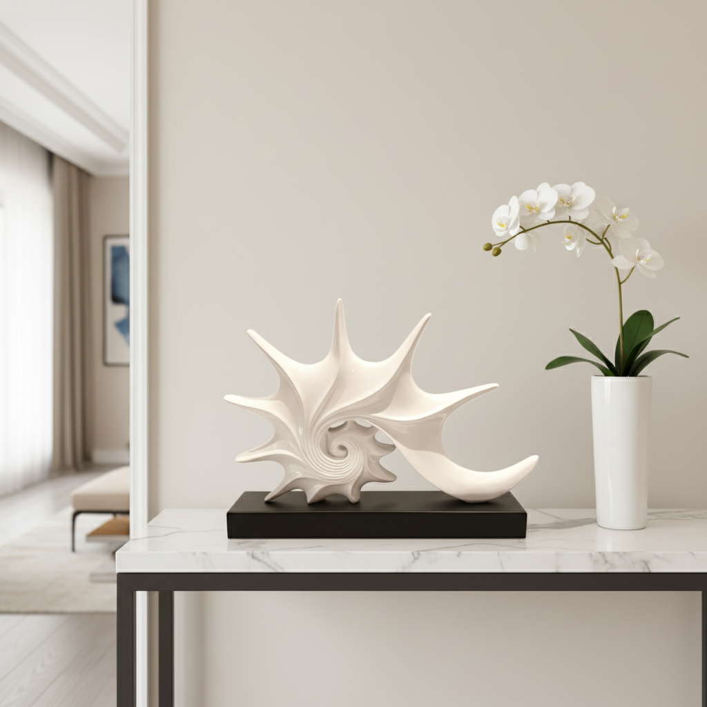 Decorative shell sculpture on a table with a vase of flowers in a room setting
