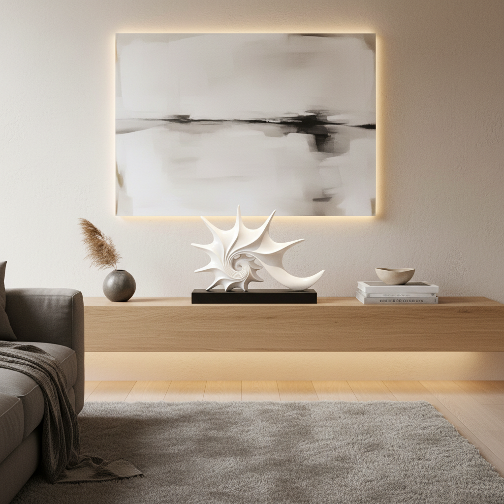 Modern living room with abstract painting, sculpture, and decor items on a wooden console table.