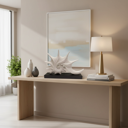 Modern interior with a wooden console table, decorative items, and a mirror on the wall.