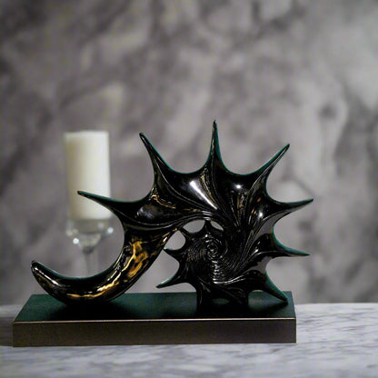 Cosmic Current: Abstract Spiral Sculpture in Marbled Black & Gold