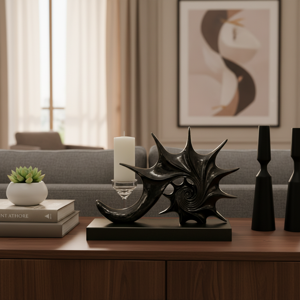 Decorative black sculpture on a wooden surface with a living room background