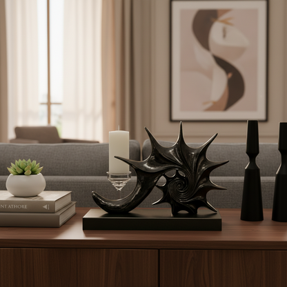 Decorative black sculpture on a wooden surface with a living room background