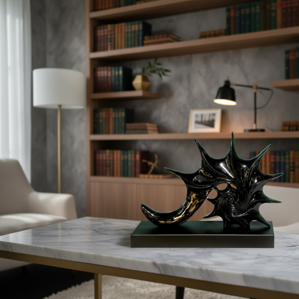 Black dragon sculpture on a marble table in a room with bookshelves and a lamp.