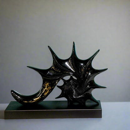 Cosmic Current: Abstract Spiral Sculpture in Marbled Black & Gold