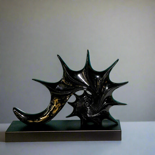 Cosmic Current: Abstract Spiral Sculpture in Marbled Black & Gold