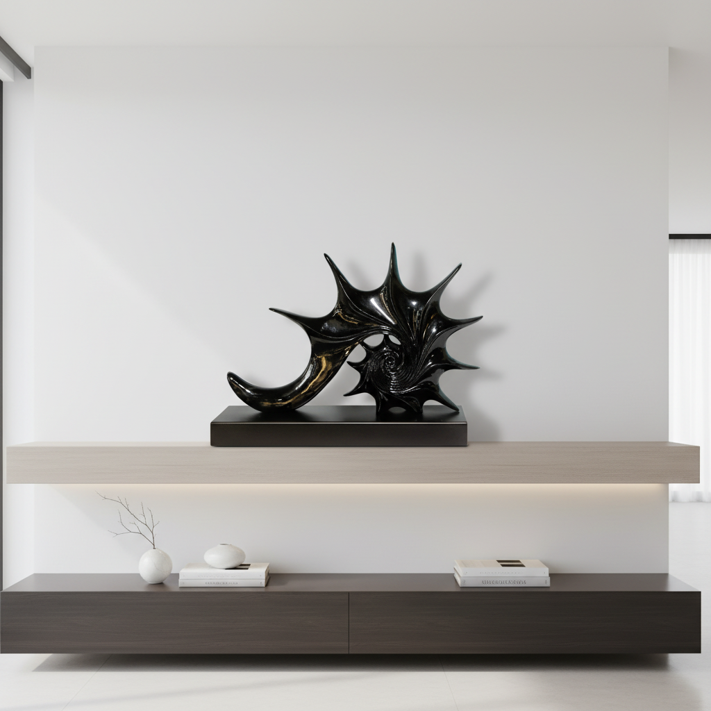 Decorative black sculpture on a modern wooden shelf against a white wall