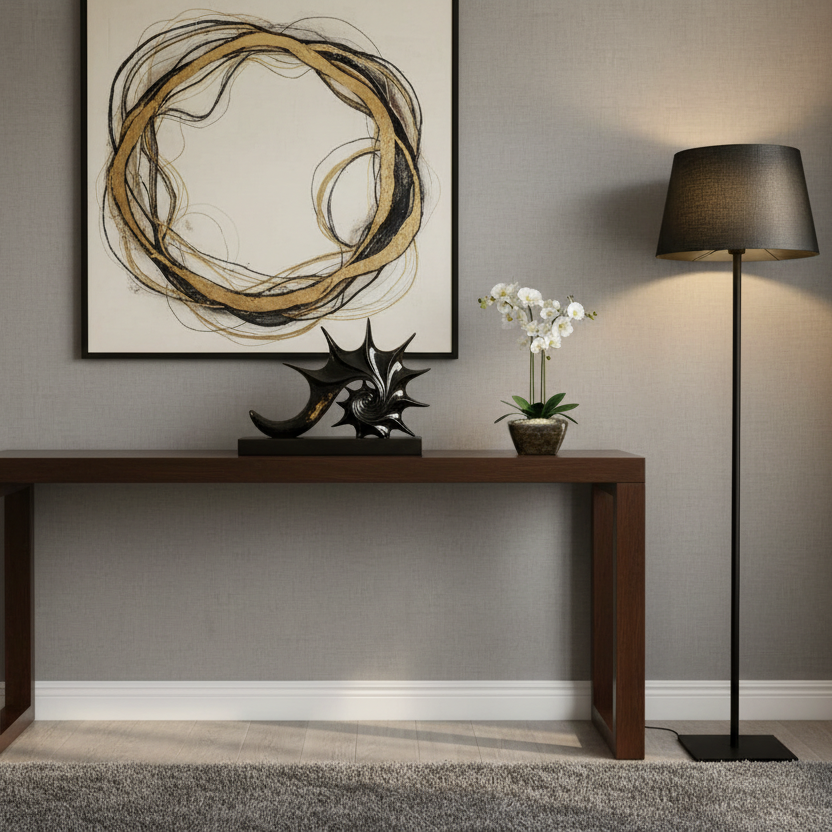 Modern interior with a console table, lamp, and decorative items against a gray wall.