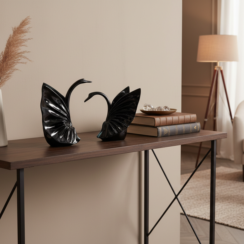 Decorative table with black butterfly sculptures, a vase with dried plants, and books in a living room setting.